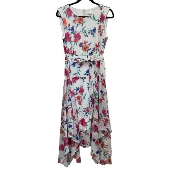 Calvin Klein Womens 10 Sleeveless Midi Dress with Asymmetrical Hem Floral Belted - Picture 1 of 7
